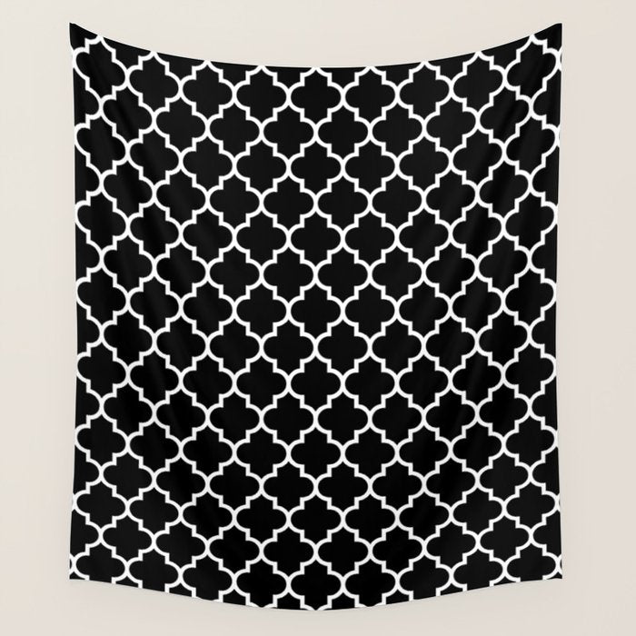 White Moroccan Quatrefoil On Darkest Black Wall Tapestry Gallery Image 4