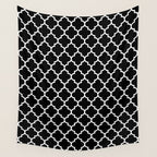 White Moroccan Quatrefoil On Darkest Black Wall Tapestry Gallery Image 4