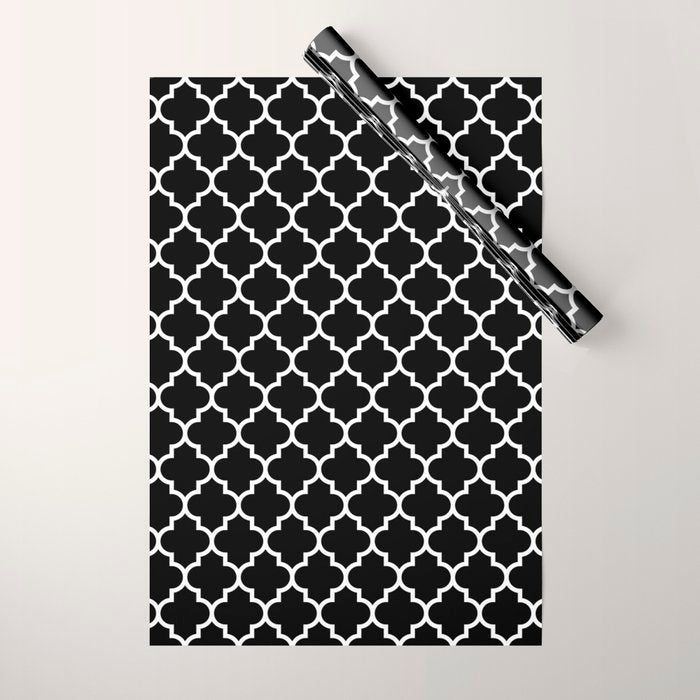 White Moroccan Quatrefoil On Darkest Black Wrapping Paper Gallery Image 1