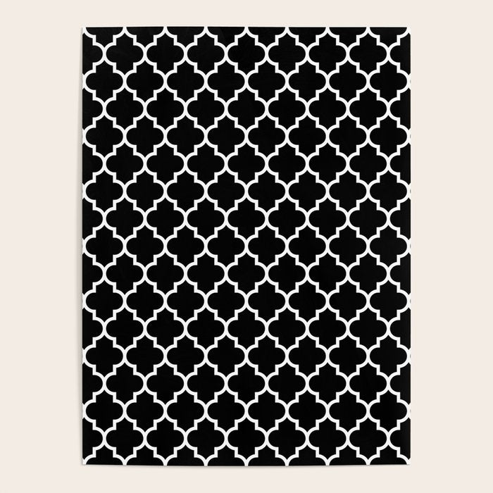 White Moroccan Quatrefoil On Darkest Black Poster Gallery Image 1