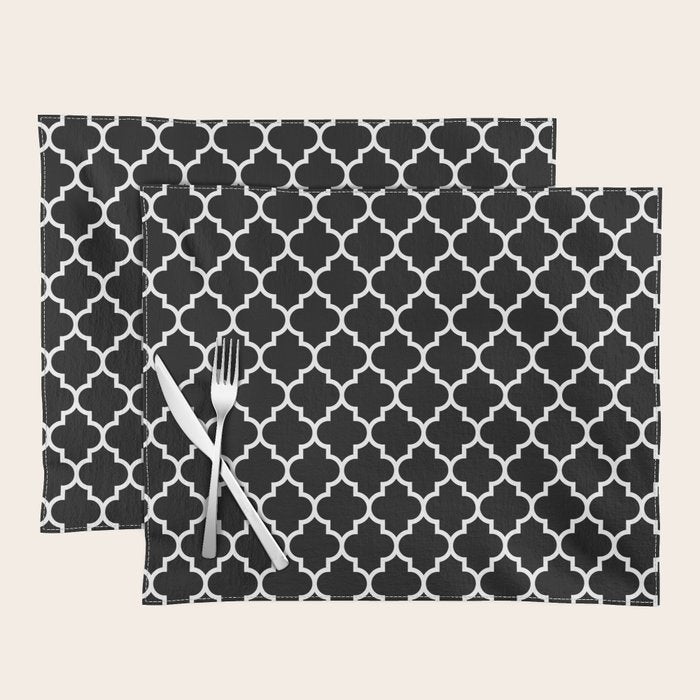 White Moroccan Quatrefoil On Darkest Black Placemat Gallery Image 1