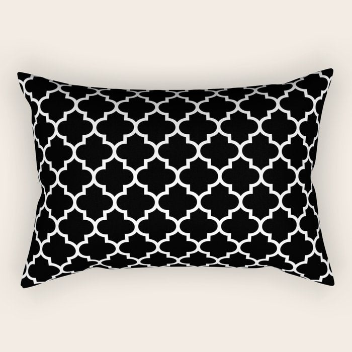 White Moroccan Quatrefoil On Darkest Black Rectangular Pillow Gallery Image 1