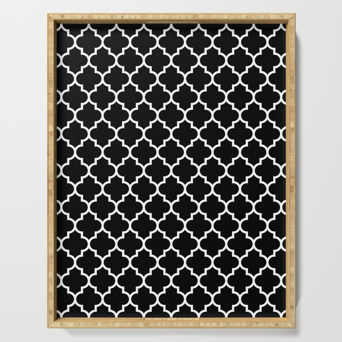 White Moroccan Quatrefoil On Darkest Black Serving Tray Gallery Image 1