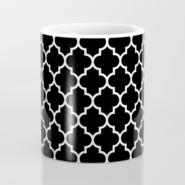 White Moroccan Quatrefoil On Darkest Black Coffee Mug Gallery Image 4
