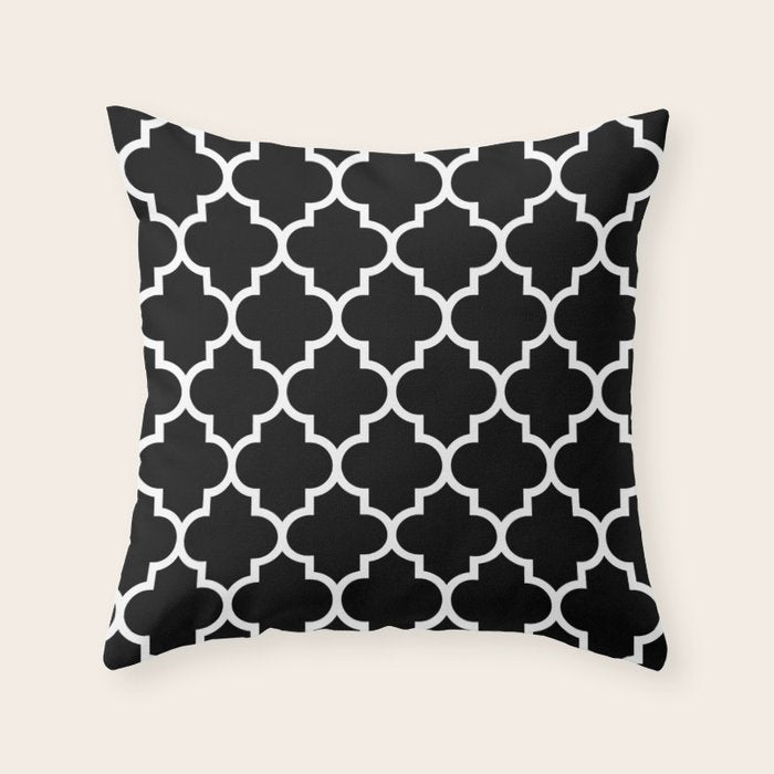 White Moroccan Quatrefoil On Darkest Black Throw Pillow Gallery Image 6