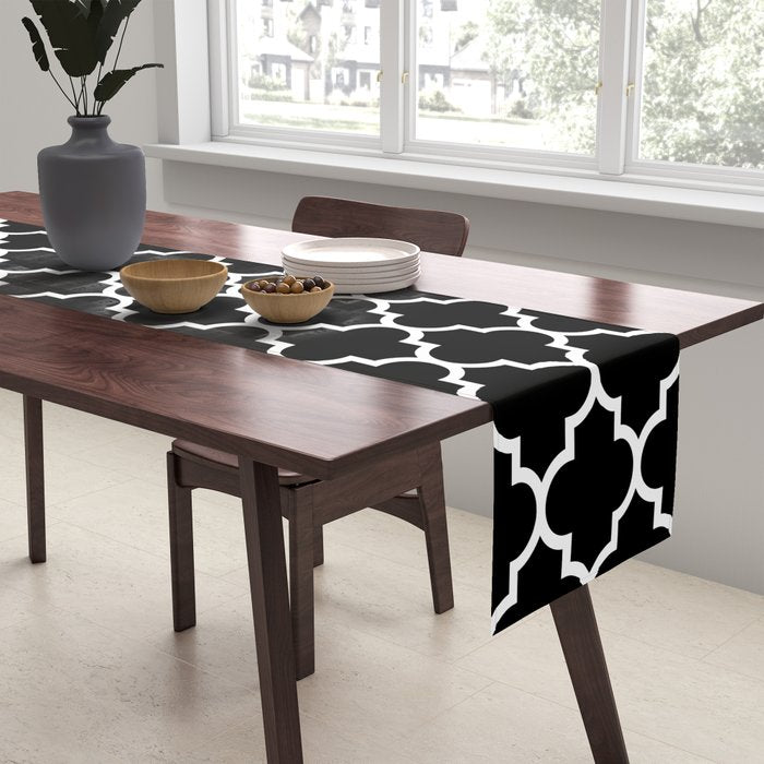 White Moroccan Quatrefoil On Darkest Black Table Runner Gallery Image 2