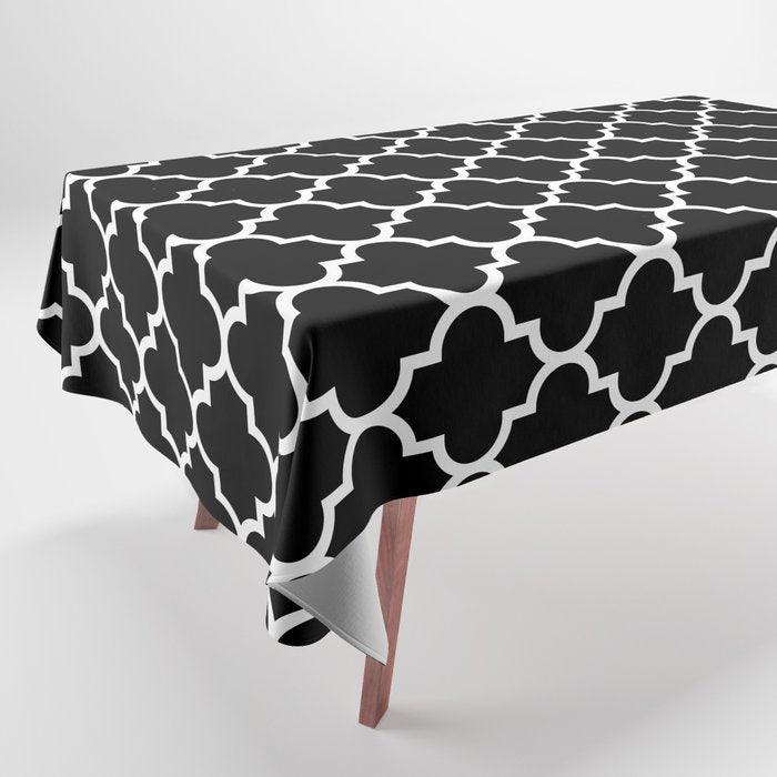 White Moroccan Quatrefoil On Darkest Black Tablecloth Gallery Image 1