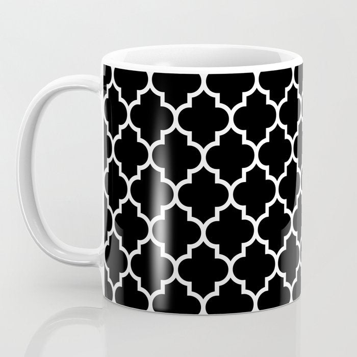 White Moroccan Quatrefoil On Darkest Black Coffee Mug Gallery Image 3