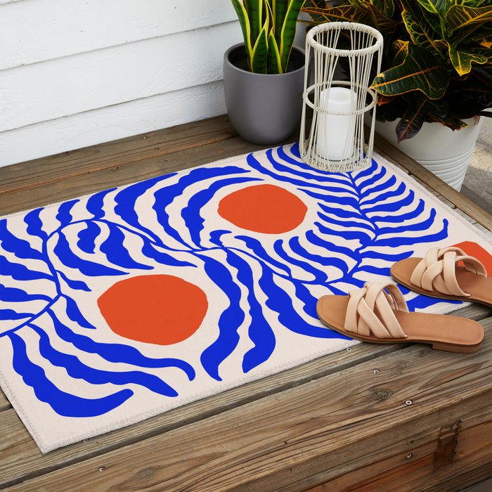Blue and Orange Abstract Leaf Outdoor Rug Gallery Image 2