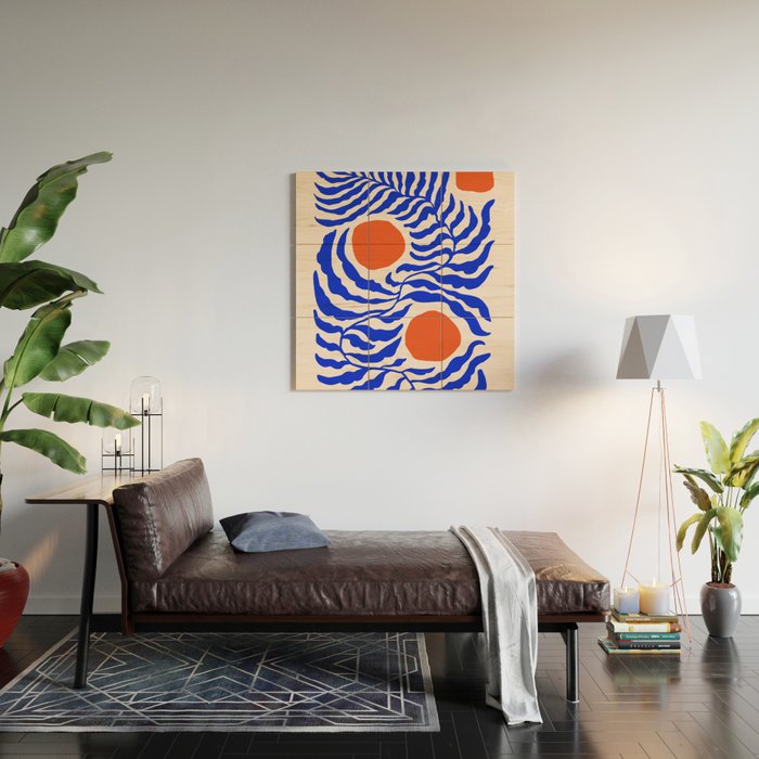 Blue and Orange Abstract Leaf Wood Wall Art Gallery Image 2