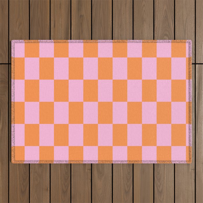 Pink and Orange Checkerboard Grid Outdoor Rug Gallery Image 1