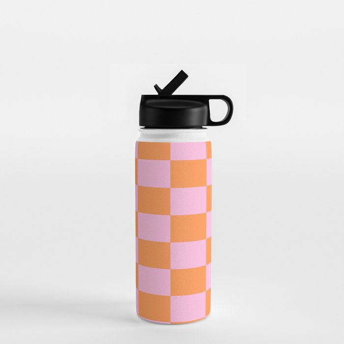 Pink and Orange Checkerboard Grid Water Bottle Gallery Image 1