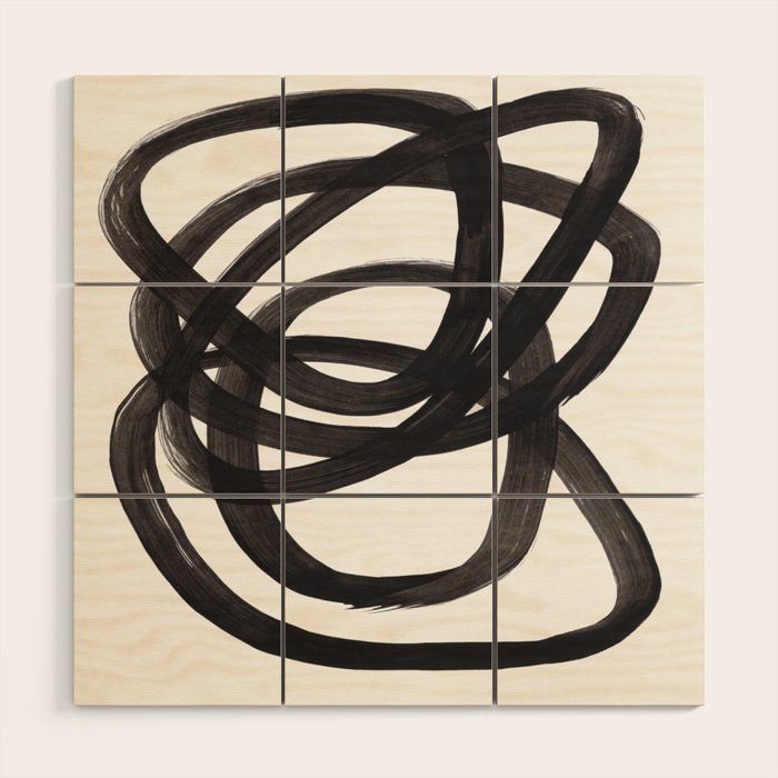 Black And White Minimalist Mid Century Abstract Ink Art Circle Swirls Black Circles Minimal Wood Wall Art Gallery Image 1