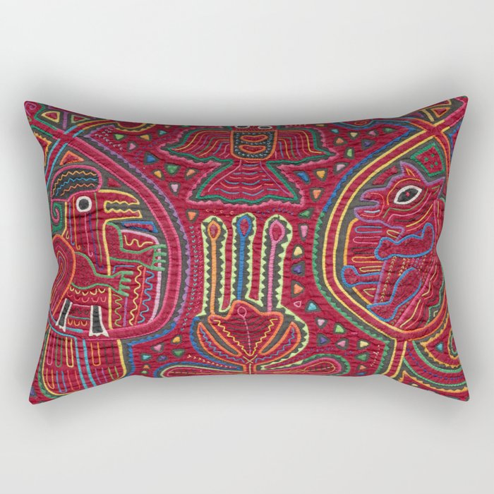 Vintage Bird and Flower Mola Textile Rectangular Pillow Gallery Image 1