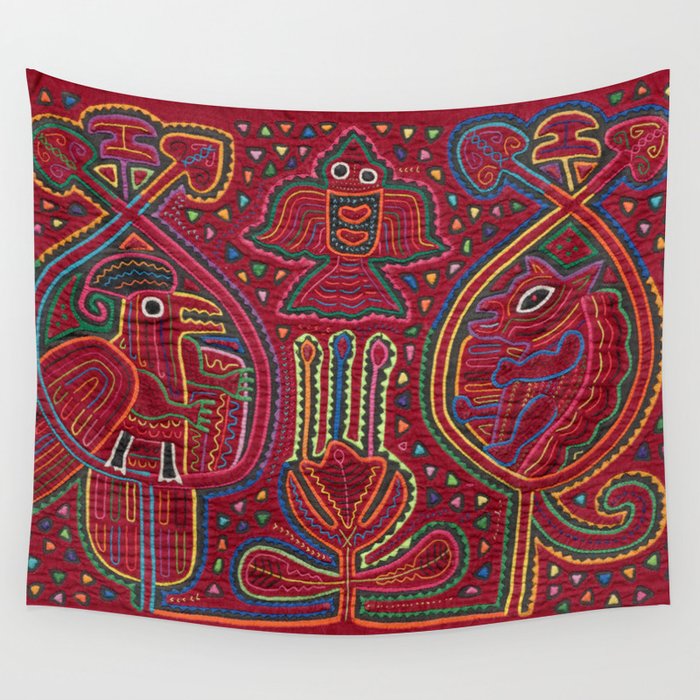 Vintage Bird and Flower Mola Textile Wall Tapestry Gallery Image 1