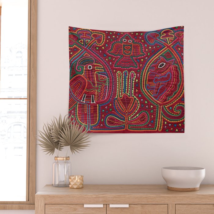Vintage Bird and Flower Mola Textile Wall Tapestry Gallery Image 2