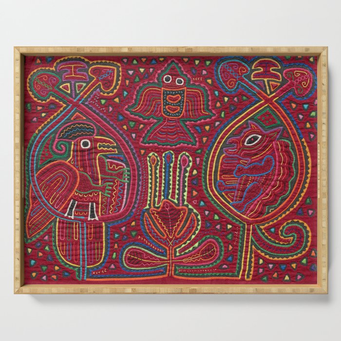 Vintage Bird and Flower Mola Textile Serving Tray Gallery Image 1