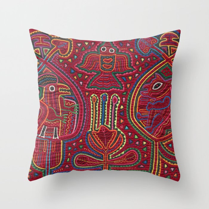 Vintage Bird and Flower Mola Textile Throw Pillow Gallery Image 6