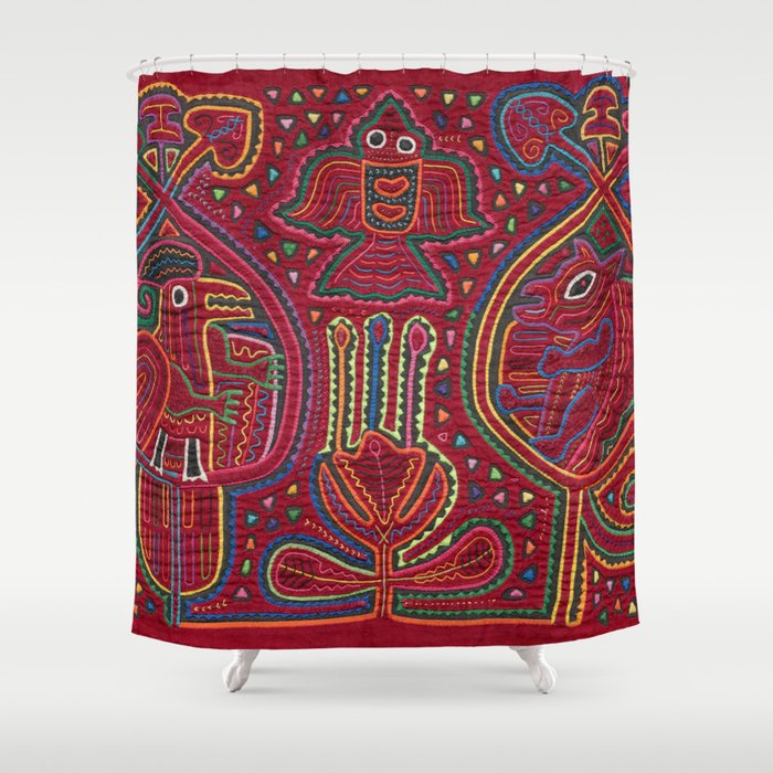 Vintage Bird and Flower Mola Textile Shower Curtain Gallery Image 1