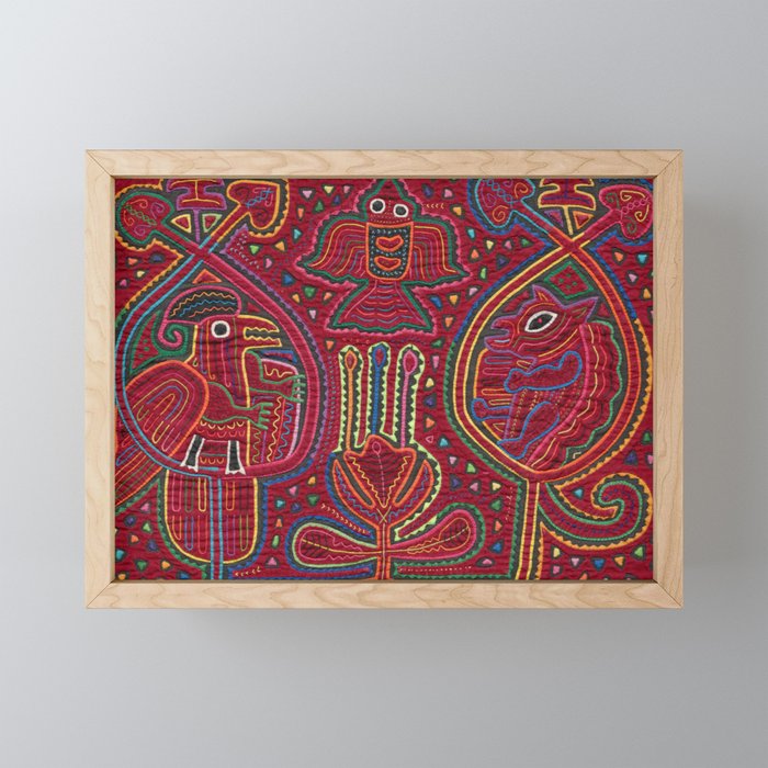 Vintage Bird and Flower Mola Textile Mini Art Print Gallery Image 1