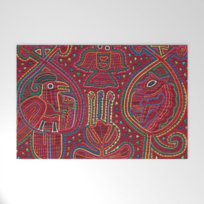 Vintage Bird and Flower Mola Textile Welcome Mat Gallery Image 1
