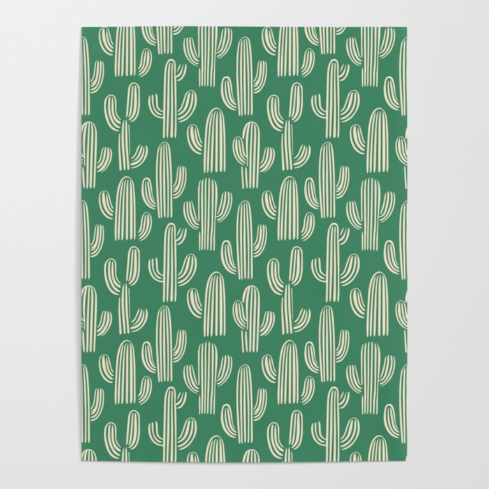 Retro green cactus plant pattern Poster Gallery Image 1