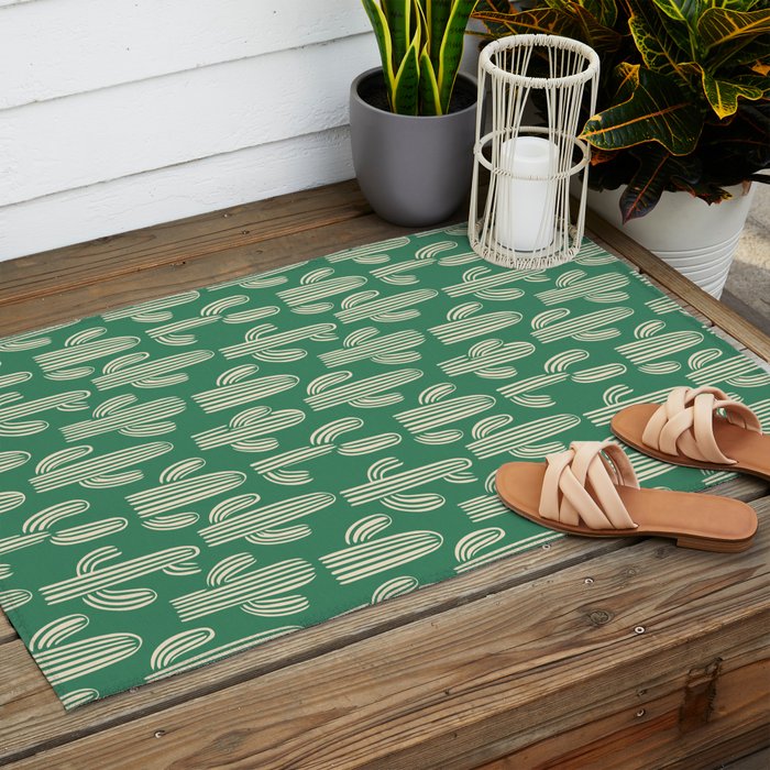 Retro green cactus plant pattern Outdoor Rug Gallery Image 2