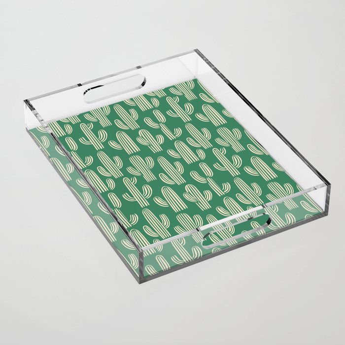 Retro green cactus plant pattern Acrylic Tray Gallery Image 1