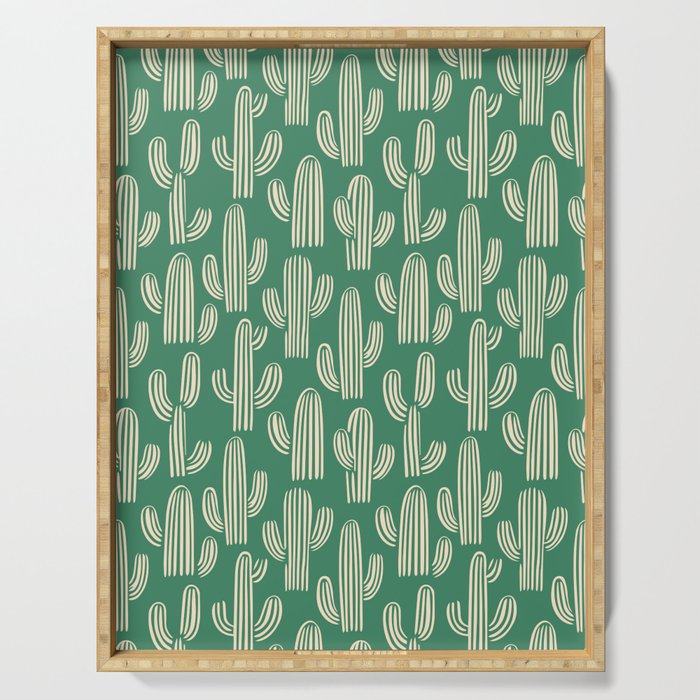 Retro green cactus plant pattern Serving Tray Gallery Image 1