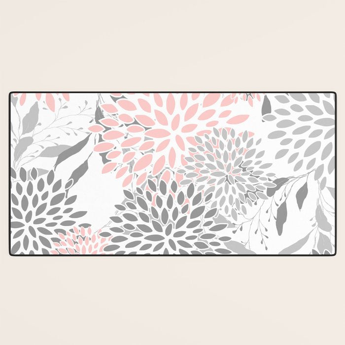 Festive, Floral Prints, Leaves and Blooms, Pink, Gray and White Desk Mat Gallery Image 3