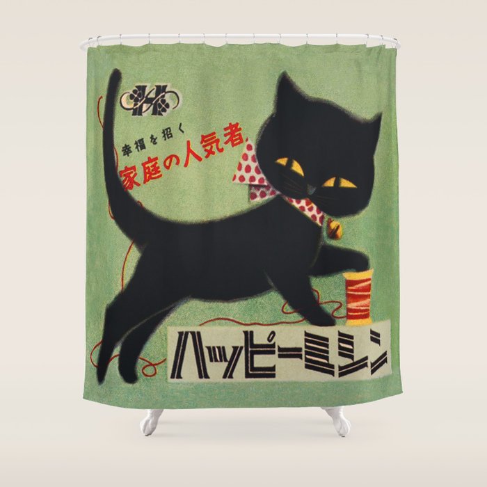 Vintage Japanese Black Cat Shower Curtain Gallery Image 1
