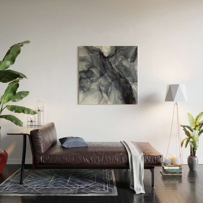 Gray Black Gradient Dramatic Flowing Abstract Painting Wood Wall Art Gallery Image 2