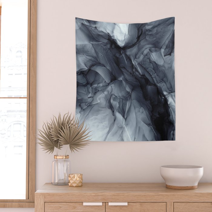 Gray Black Gradient Dramatic Flowing Abstract Painting Wall Tapestry Gallery Image 2