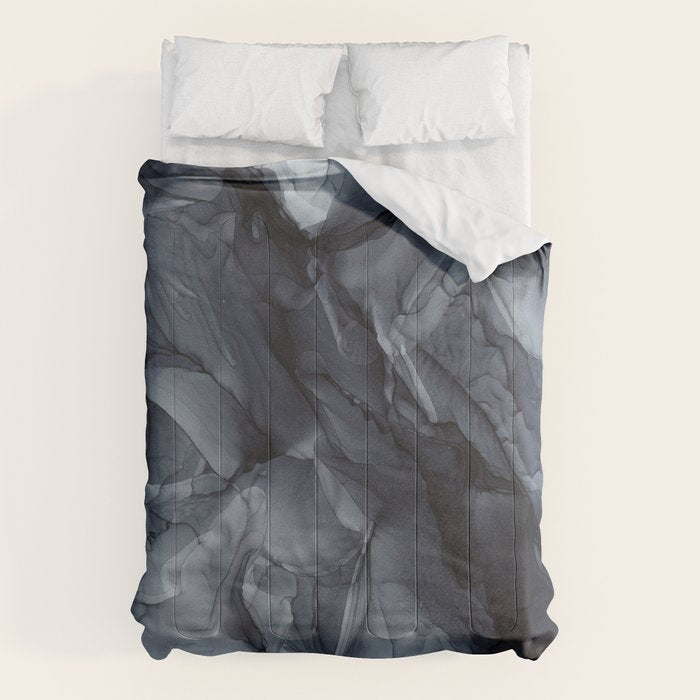 Gray Black Gradient Dramatic Flowing Abstract Painting Comforter Gallery Image 1