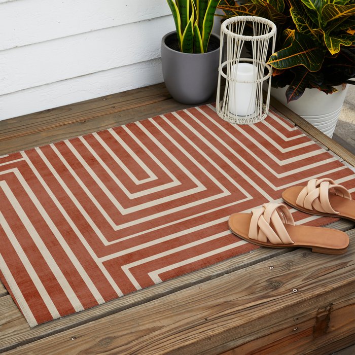 Dark Terracotta Geometric Design Artwork Outdoor Rug Gallery Image 2