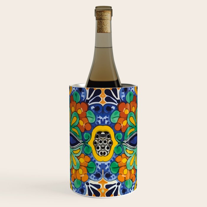 Maximalist leaves mexican flowers talavera pottery blue azulejo tile Wine Chiller Gallery Image 1