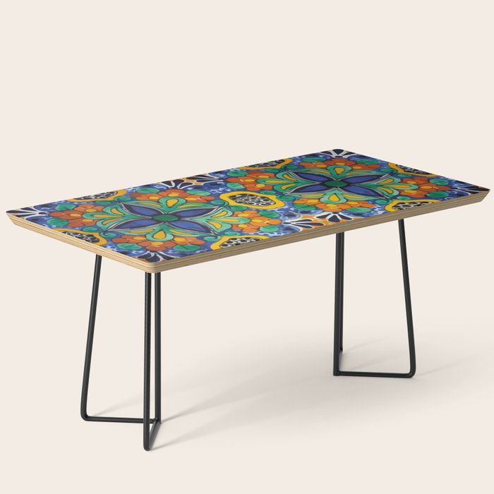 Maximalist leaves mexican flowers talavera pottery blue azulejo tile Coffee Table Gallery Image 1