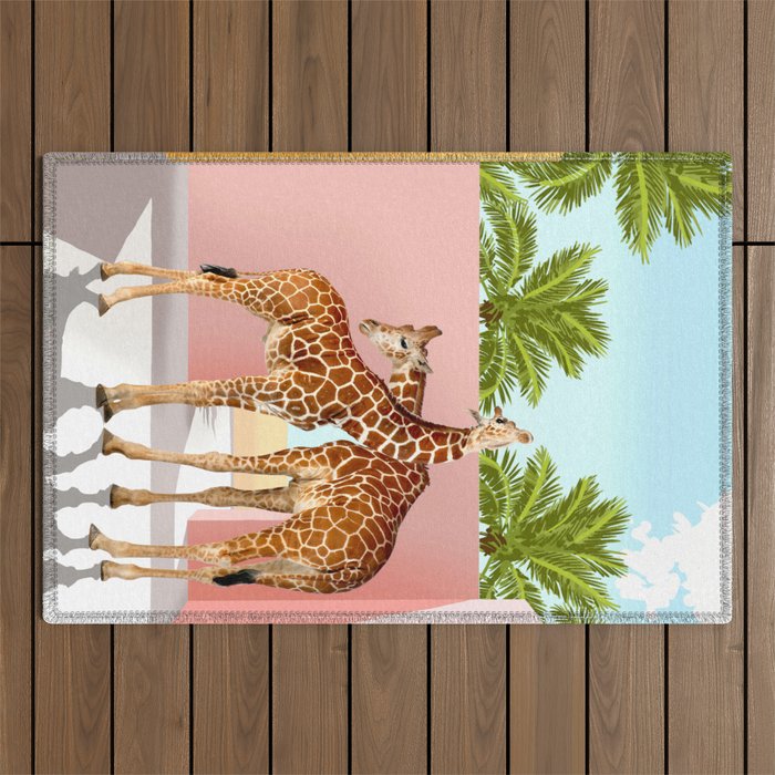 Giraffe Villa | Contemporary Modern Architecture Digital Graphic Art | Wildlife Animals Palm Exotic Outdoor Rug Gallery Image 1