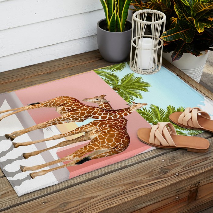 Giraffe Villa | Contemporary Modern Architecture Digital Graphic Art | Wildlife Animals Palm Exotic Outdoor Rug Gallery Image 2