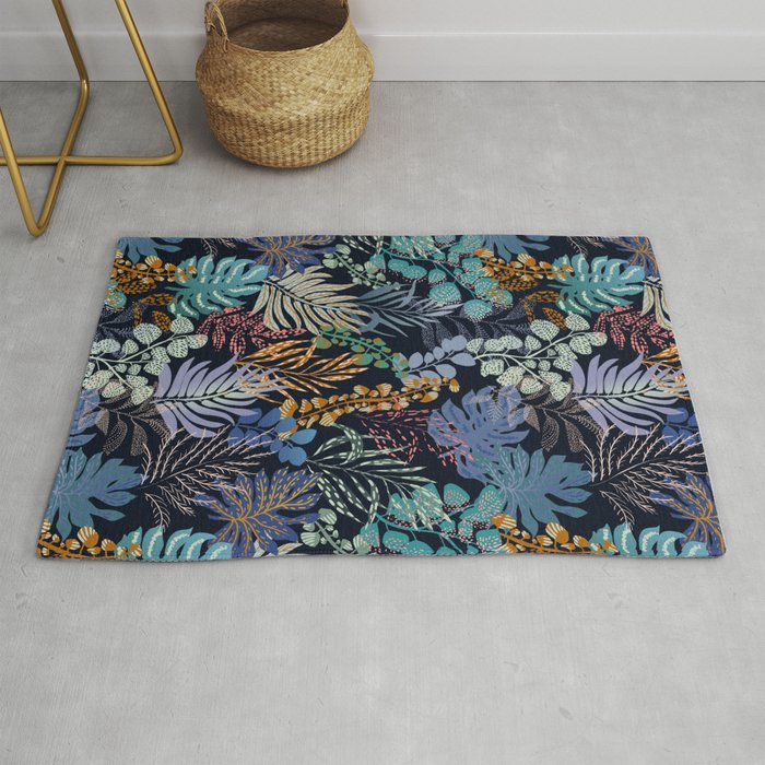 tropical blue night leaves Rug Gallery Image 1