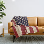 American Flag Vintage Americana Red Navy Blue Beige Throw Blanket Gallery Image 1
