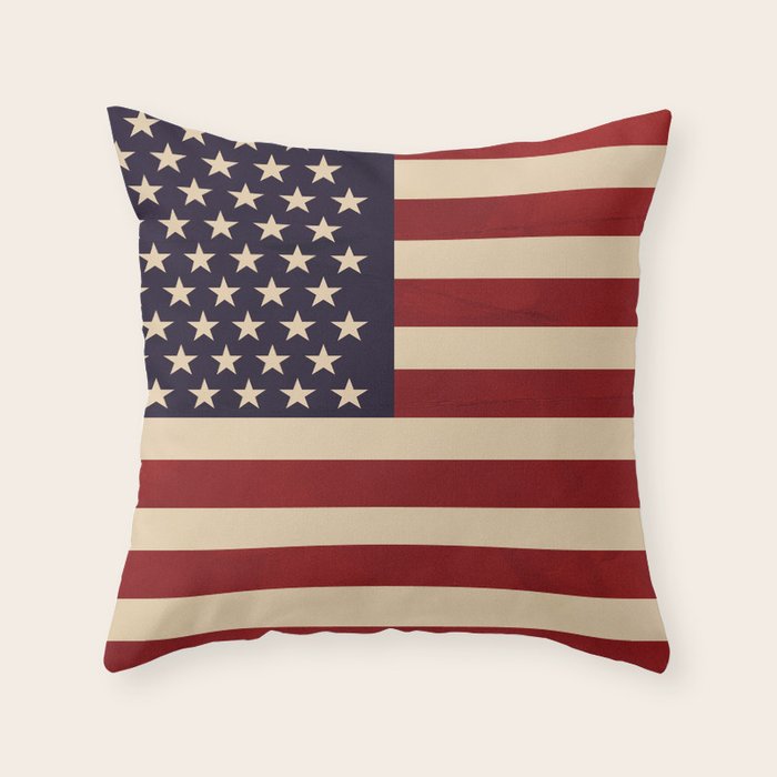 American Flag Vintage Americana Red Navy Blue Beige Throw Pillow Gallery Image 1