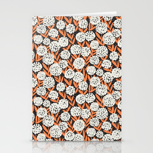 Blooming Abstract White and Orange Allium Flowers on Black Stationery Card Gallery Image 1