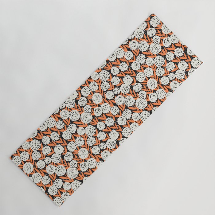 Blooming Abstract White and Orange Allium Flowers on Black Yoga Mat Gallery Image 1