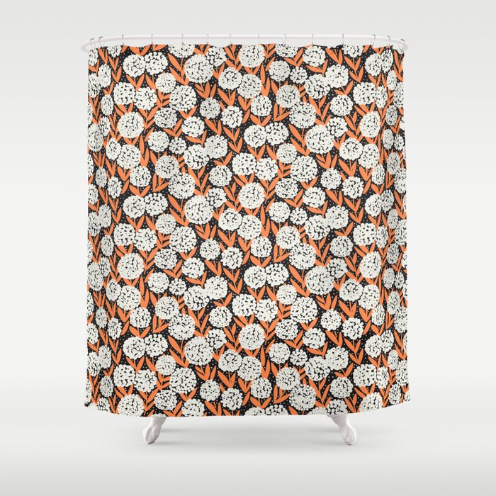 Blooming Abstract White and Orange Allium Flowers on Black Shower Curtain Gallery Image 1