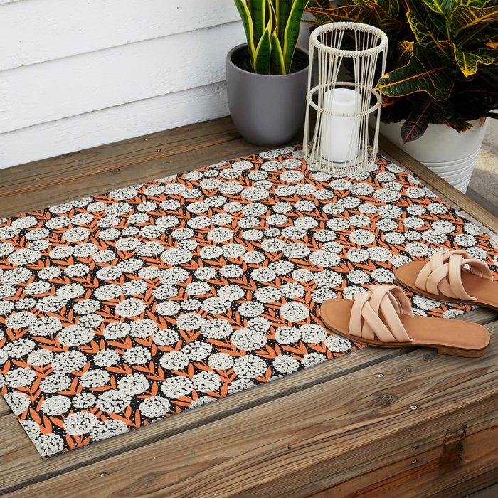 Blooming Abstract White and Orange Allium Flowers on Black Outdoor Rug Gallery Image 2