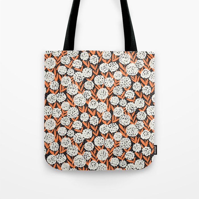 Blooming Abstract White and Orange Allium Flowers on Black Tote Bag Gallery Image 1