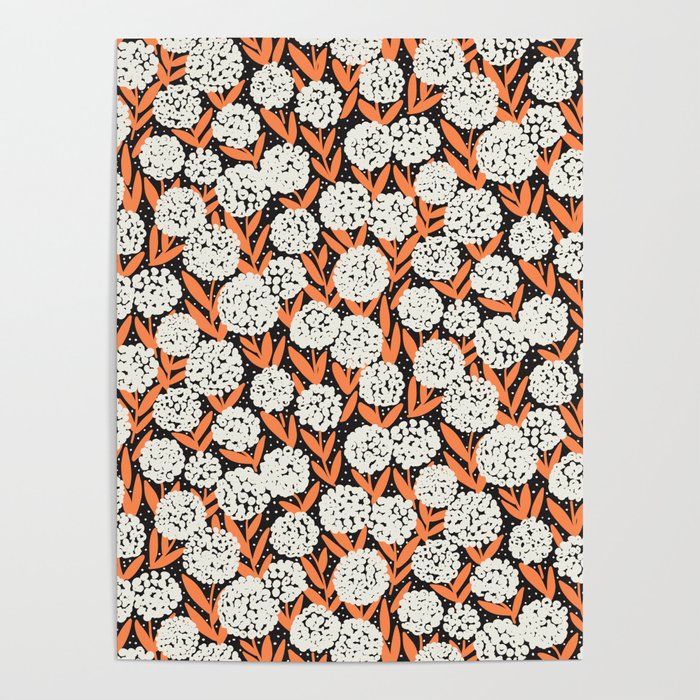 Blooming Abstract White and Orange Allium Flowers on Black Poster Gallery Image 1
