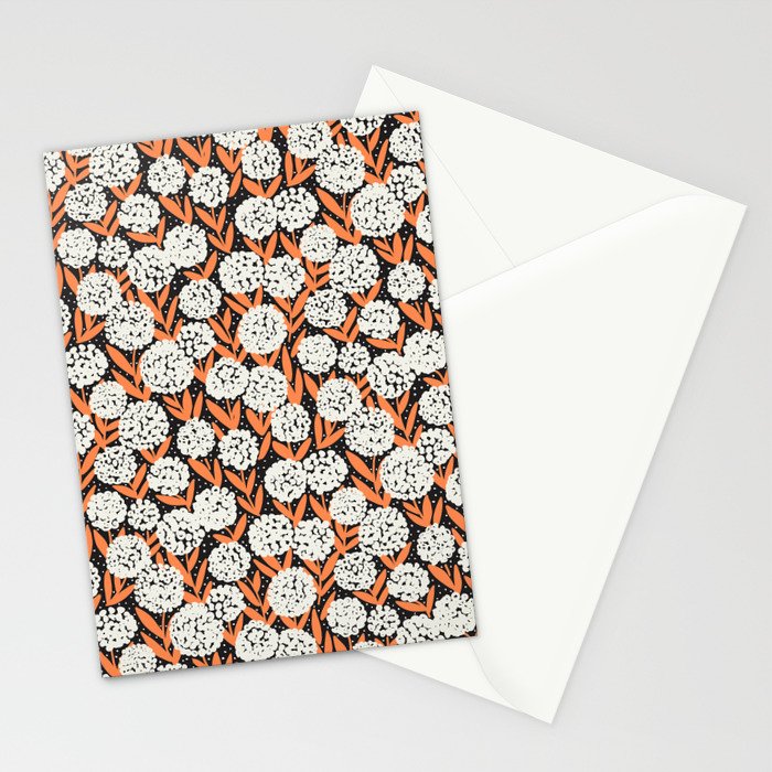 Blooming Abstract White and Orange Allium Flowers on Black Stationery Card Gallery Image 2