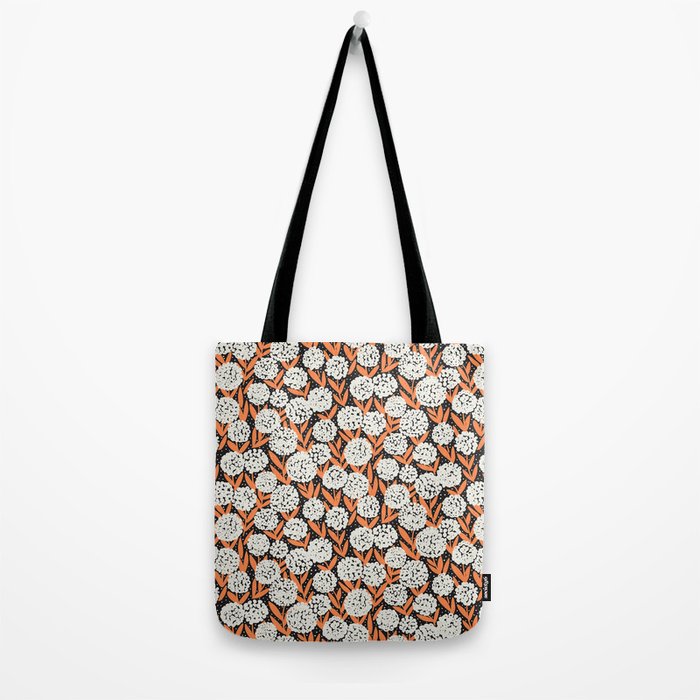 Blooming Abstract White and Orange Allium Flowers on Black Tote Bag Gallery Image 2